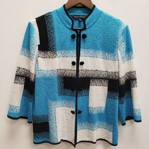 Ming Wang Womens Open Cardigan Size M Petite Blue White Geometric 3/4 Sleeve